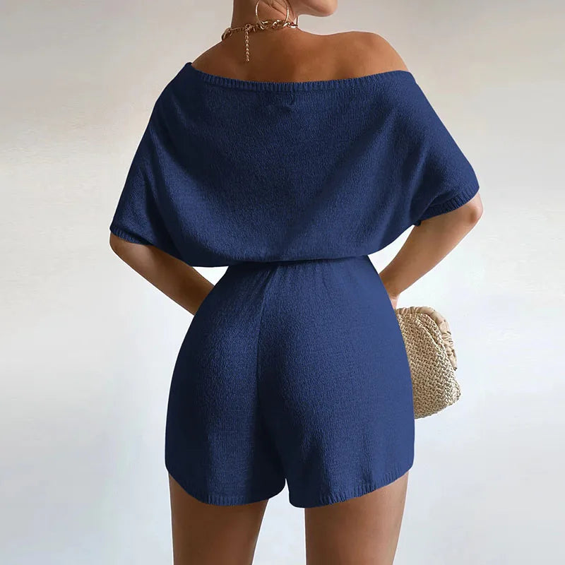 New Spring Tieup Shorts Jumpsuit Off Shoulder Slim Knitted Romper Playsuit Summer Short Sleeve Hollow Overalls