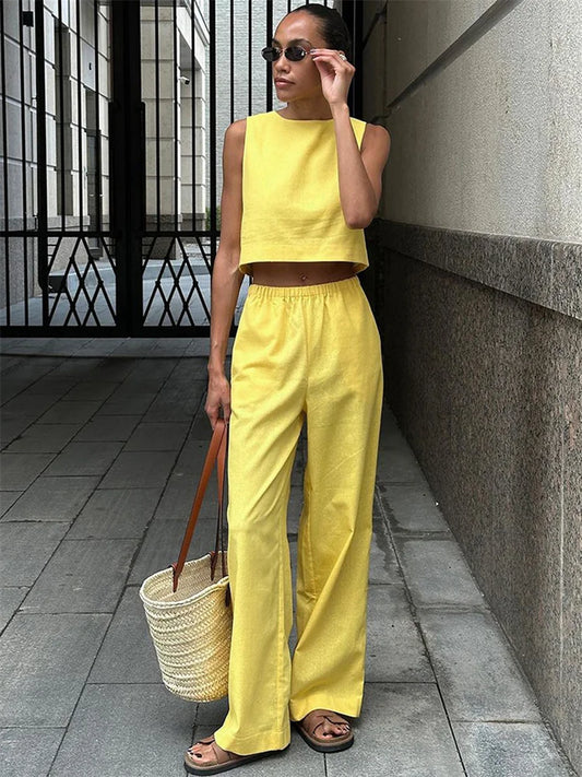 Summer 2 Piece-set ’s Pants Sleeveless Cropped Vest Top and Wide Leg Trousers Sets Female Outfits Trousers