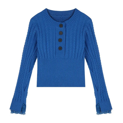 Spring New Korean Lace Splicing Multibutton Color Long Sleeve Sweater + Warm Plush Scarf Twopiece Suit