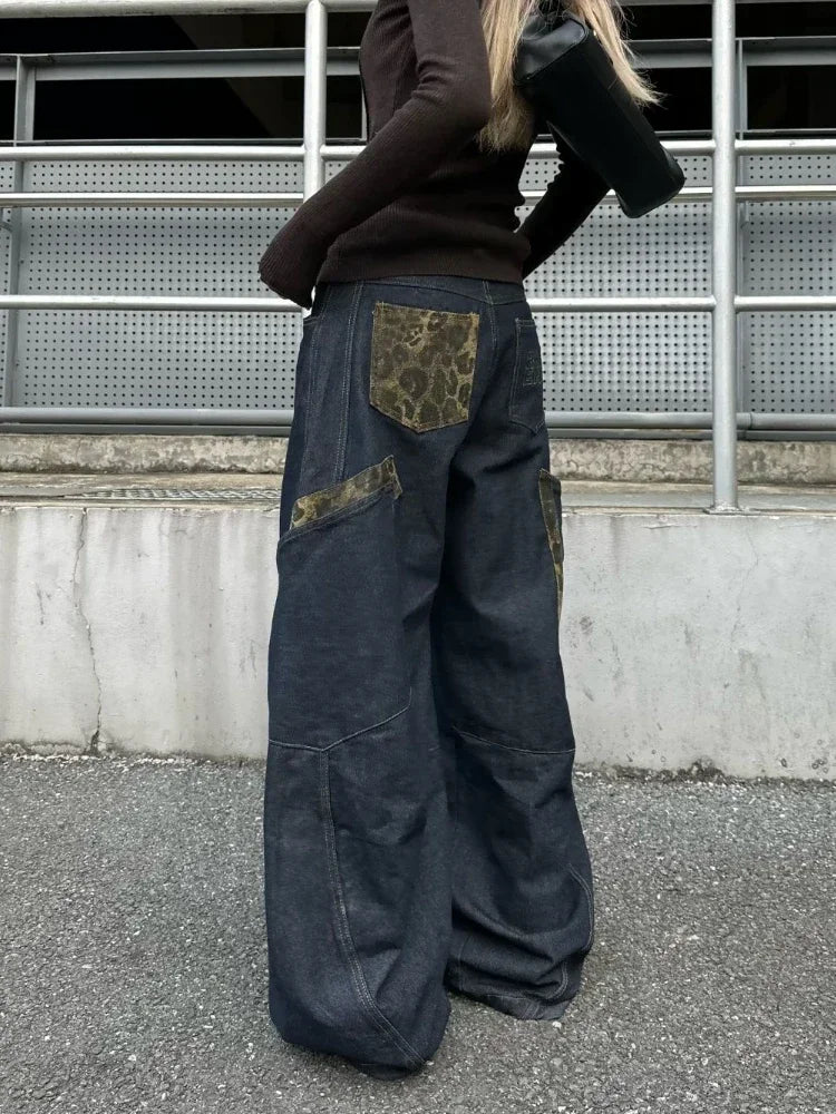 Retro Leopard Spliced Cargo Jeans Y2k Hip Hop Causal Baggy Pocket Korean Wide Leg Denim Pants Harajuku Slacks