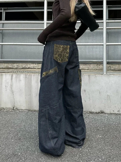 Retro Leopard Spliced Cargo Jeans Y2k Hip Hop Causal Baggy Pocket Korean Wide Leg Denim Pants Harajuku Slacks