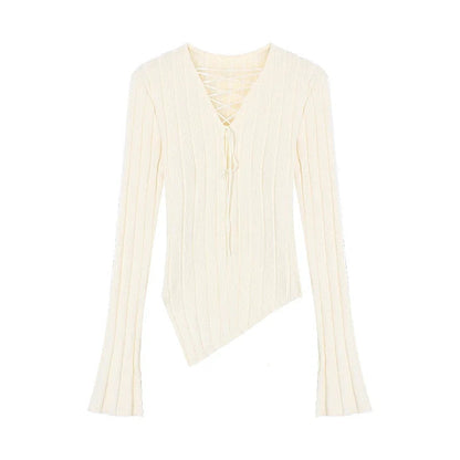 High Street Color Irregular Long Sleeve Sweater Spring New Vneck Laceup Slim Thread Knitted Tops