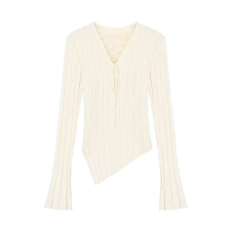 High Street Color Irregular Long Sleeve Sweater Spring New Vneck Laceup Slim Thread Knitted Tops
