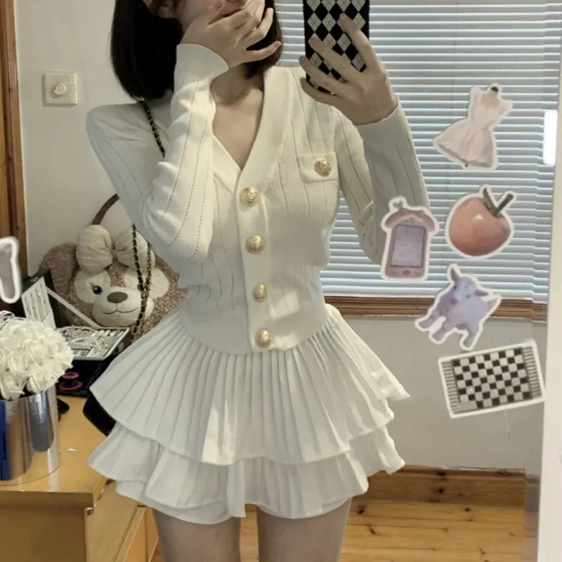 Autumn Korean Knitted Two-piece Skirt Set Single Breasted V-neck Sweater Mini Ruffles Skirt Y2k New Outfits