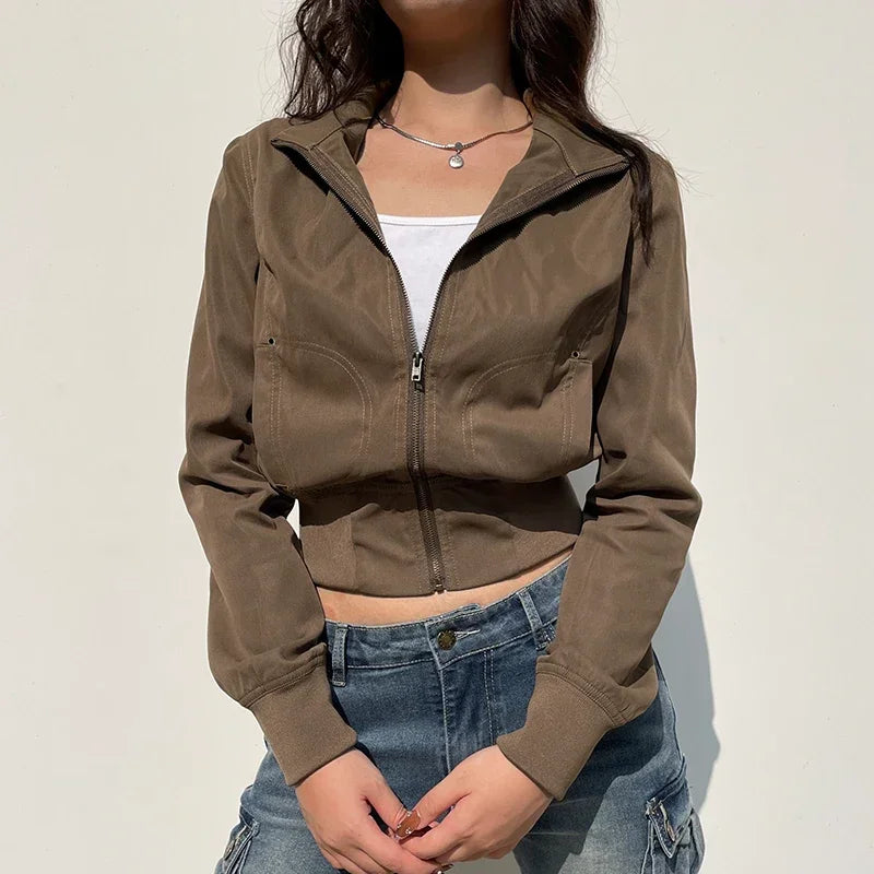 Long Sleeves Pockets Cargo Coats Slim Jackets Y2k Aesthetic Zip Up Clothes
