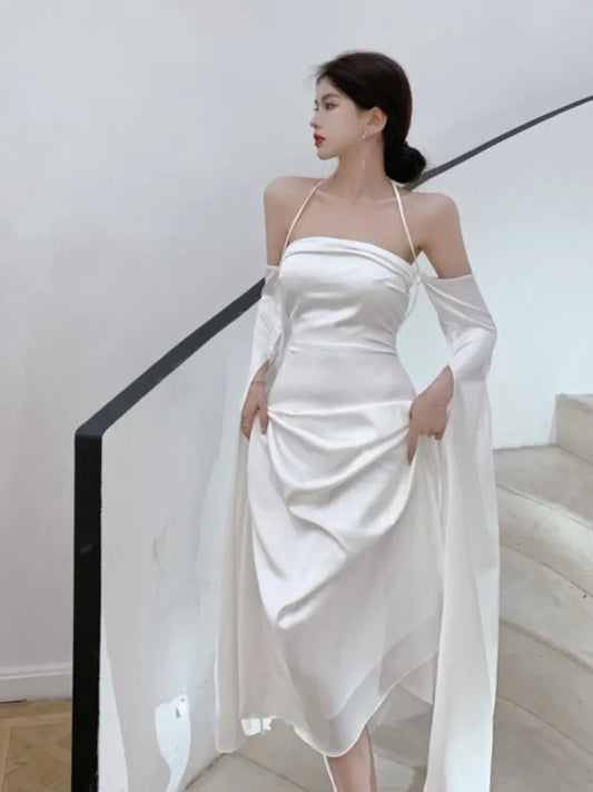 Summer Satin Silky Off Shoulder Slim White Cocktail Dress Lady Party Maxi Dress Vestidos De Fiesta Para Bodas
