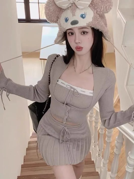 Knitted Suit 3 Piece Set Woman Y2k Cropped Patchwork Vest + Slim Cardigan + Mini Pleated Skirt Autumn Korean Outfits