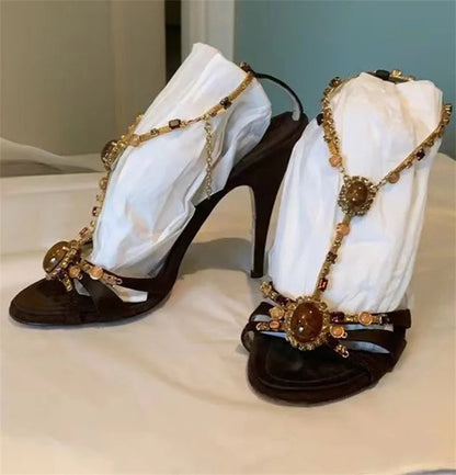 Style Gem Ankle Strap Sandals Silk Open Toe Gladiator High Heels Wedding Prom Shoes Zapatos Mujer