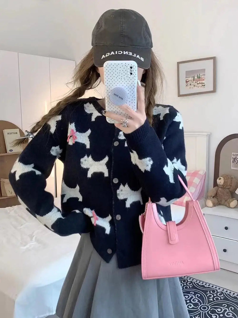 Korean Sweet Blue Gray Print Bow Button Sweater Round Neck Cardigans Long Sleeve Knitwear Tops Autumn Winter Clothing