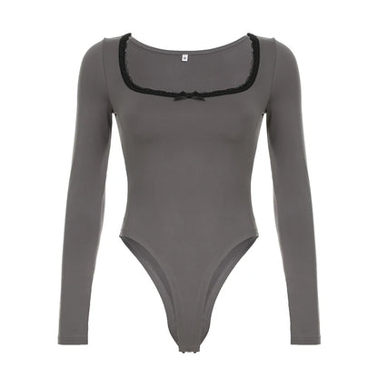 Autumn Hotsweets Slim Long Sleeve Bodysuit Simple Lace Trim Square Collar Bow Rompers S Clothing
