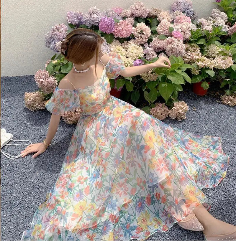 French Puff Sleeves Long Dress Summer Korean Cool and Breathable Bare Shoulder Vestidos Robe