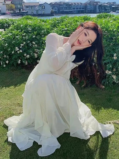 Irregular Ruffles Long Dress New Autumn Square Collar Beach Vocation Korean Female Vestidos New