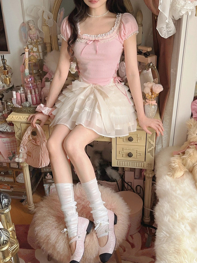 Sweet Lace Shirts Korean Pure Color Kawaii Blouse Female Summer Short Sleeve Crop Top Slim T2255