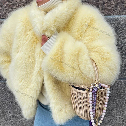 Winter Yellow Faux Fur Jacket Thicken Warm Stand Collar Fox Fur Coat Outerwear