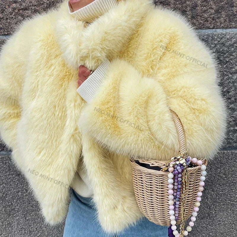 Winter Yellow Faux Fur Jacket Thicken Warm Stand Collar Fox Fur Coat Outerwear