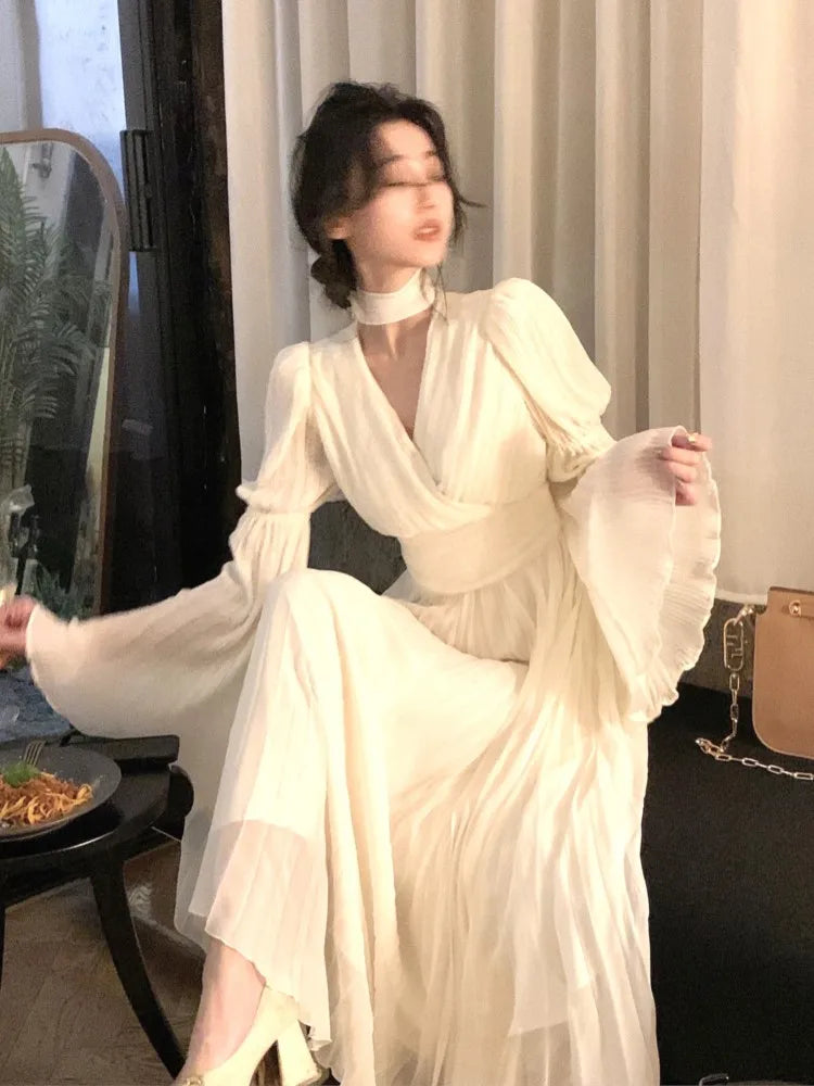 Autumn Pleated Long Dresses for Halter V-neck Flare Sleeve Wedding Party Dress Korean One Piece Vestidos New