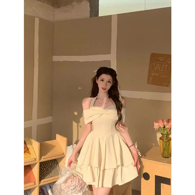 Summer Y2k Mini Dress Sweet Even Party Dress Office Lady Kawaii Clothing Bow Birthday Dress Korean