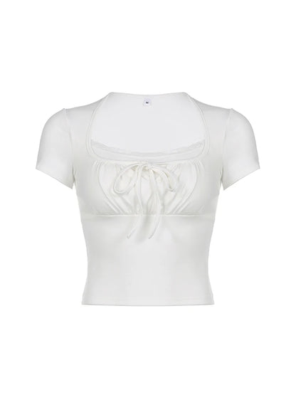 Bust Ruched Tie Patchwork Lace Short Sleeve White T-shirt Balletcore Y2k Clothes