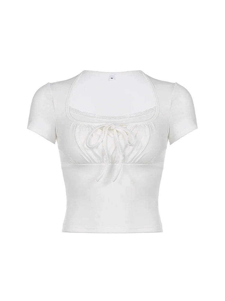 Bust Ruched Tie Patchwork Lace Short Sleeve White T-shirt Balletcore Y2k Clothes