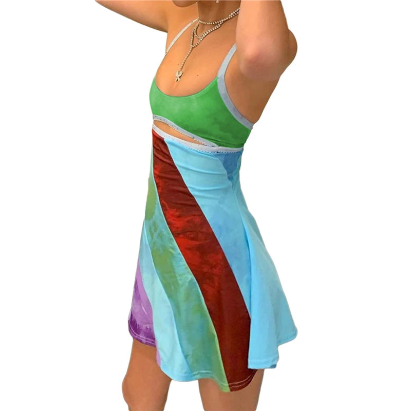 Cut Out Dress Y2k Aesthetic Striped Patchwork Sleevless a Line Mini Dresses 2000s Fairy Grunge Dress