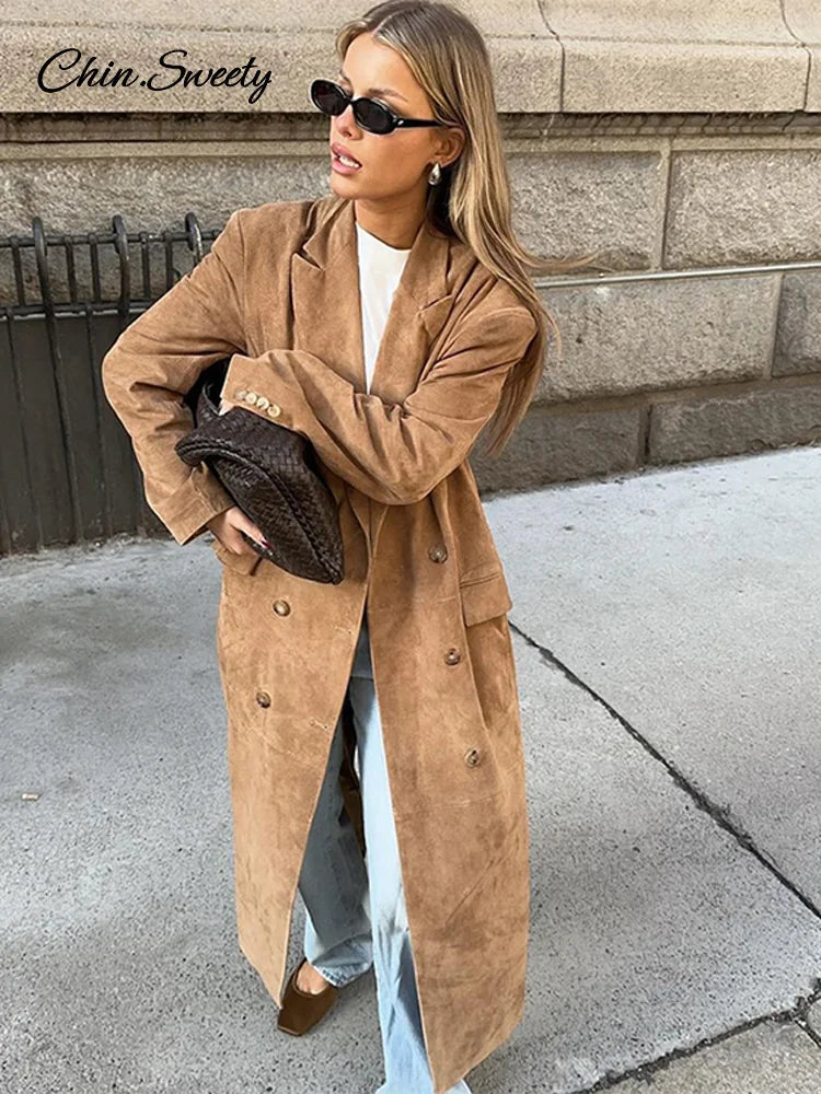 Lapel Suede Long Jacket Oversized Double-breasted Trench Overcoat Autumn Lady Commute Outerwear New