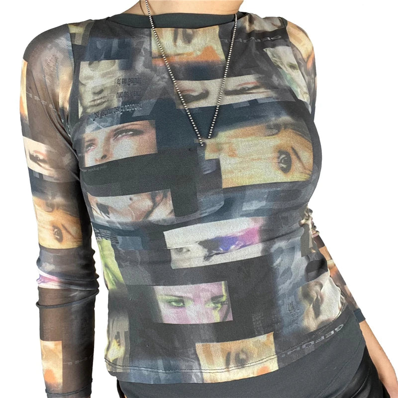 Fairy Grunge Shirt Basic Mesh Print Top E Girl Gothic Punk Style T-shirts Tees Clothes Street Tops Clothing