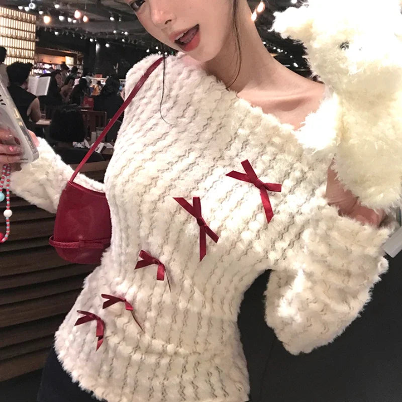 Strapless Slim Long Sleeve Sweater Autumn New Korean Contrast Color Bow Patchwork Knitted Tops