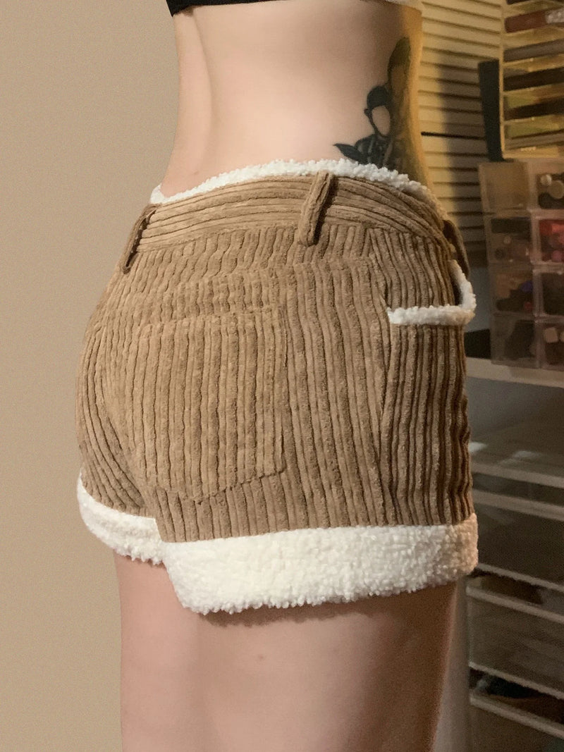 Autumn New ��s Corduroy Short Simple All-match Faux Fur Trim Spliced Design Short Pants