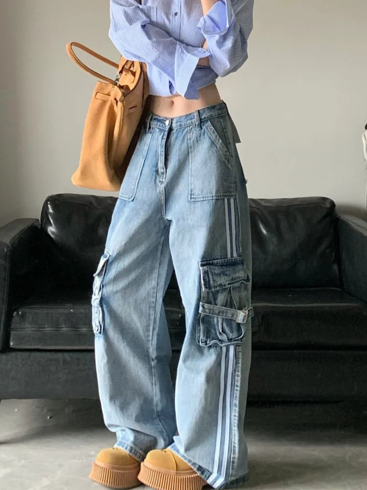 Stripe Blue Cargo Jeans Y2k Harajuku Loose Korean High Waist Denim Trousers Hip Hop Causal Female Pants