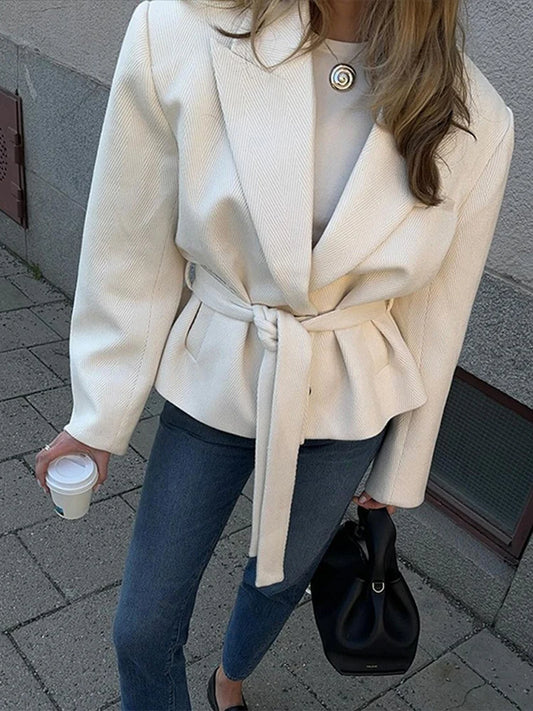 Street Lace Up Cropped Blazer Coat Loose Lapel Pocket Long Sleeve Suit Jackets Female Spring White All-match Outwear