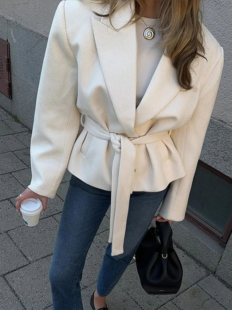 Street Lace Up Cropped Blazer Coat Loose Lapel Pocket Long Sleeve Suit Jackets Female Spring White All-match Outwear