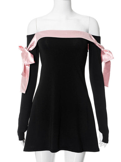 Julissa Mo Autumn Strapless Long Sleeve Bow Mini Dress for Slim A-line Outfits Patchowrk Dress New