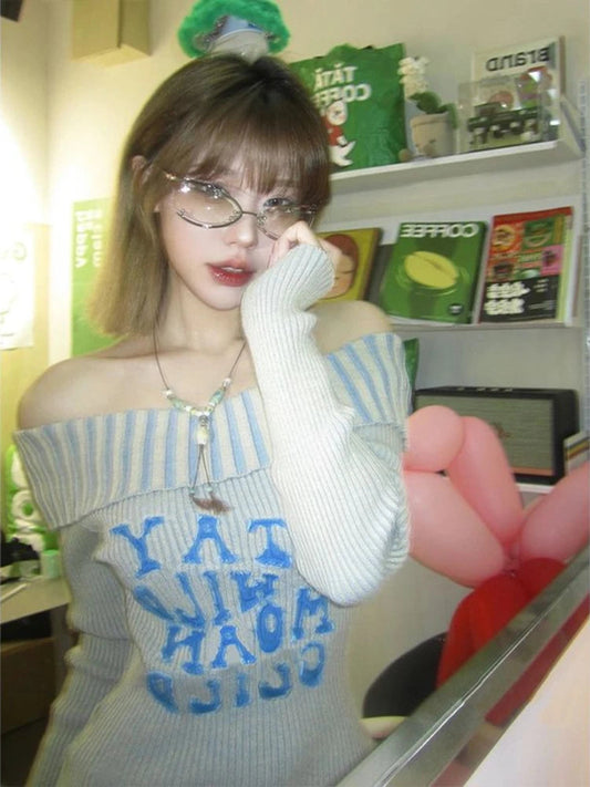 Y2k Off Shoulder Sweater Letter Graphic Korean Tops Gothic Grunge Long Sleeve Slim Knitwear Winter Clothes