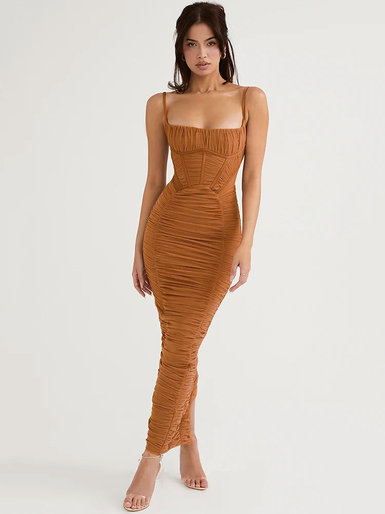 Mozision Corset Ruched Maxi Dress Spaghetti Strap Sleeveless Backless Zipper Long Dress Vestido
