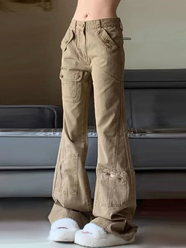 Khaki Denim Cargo Pants Y2k Hip Hop Retro Baggy Low Waist Korean Boot Cut Jeans Harajuku Causal Trouser