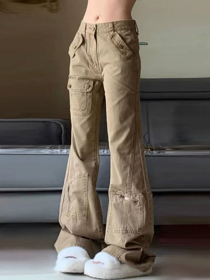 Khaki Denim Cargo Pants Y2k Hip Hop Retro Baggy Low Waist Korean Boot Cut Jeans Harajuku Causal Trouser