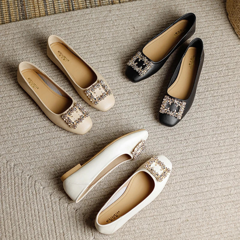 Rhinestone Lace Square Buckle Square Closed Toe Slip on Flat Shoes , Work Driving Walking Wedding
