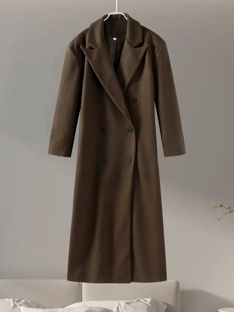Brown Wool Long Coats for Loose Turn Down Collar Double Breasted Female Overcoat Autumn Winter Street Lady Outwear