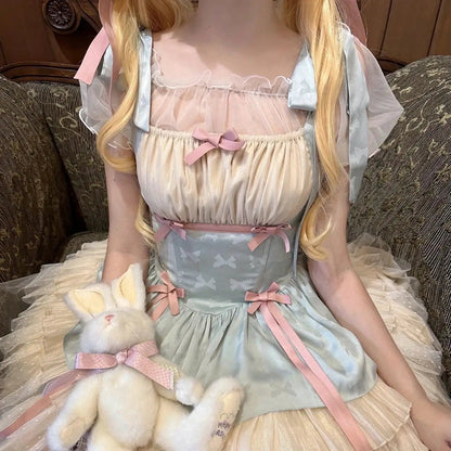 Little Ribbon Lolita Lace Sling Dress Sweet Sp Ballet Style Cake Princess Puffy Onepiece Dress Summer Pettiskirt