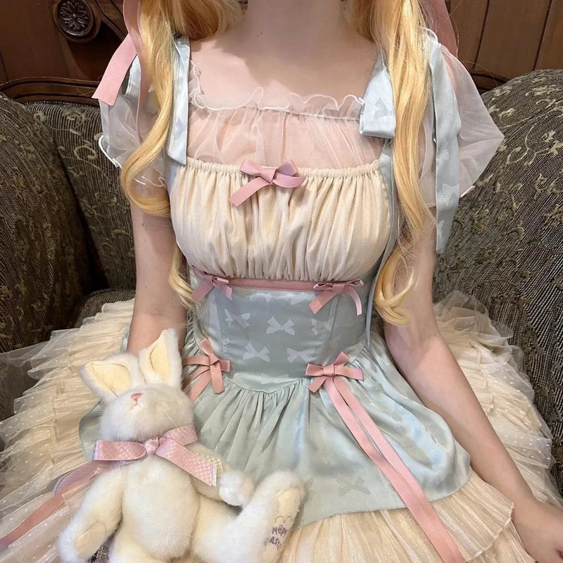 Little Ribbon Lolita Lace Sling Dress Sweet Sp Ballet Style Cake Princess Puffy Onepiece Dress Summer Pettiskirt
