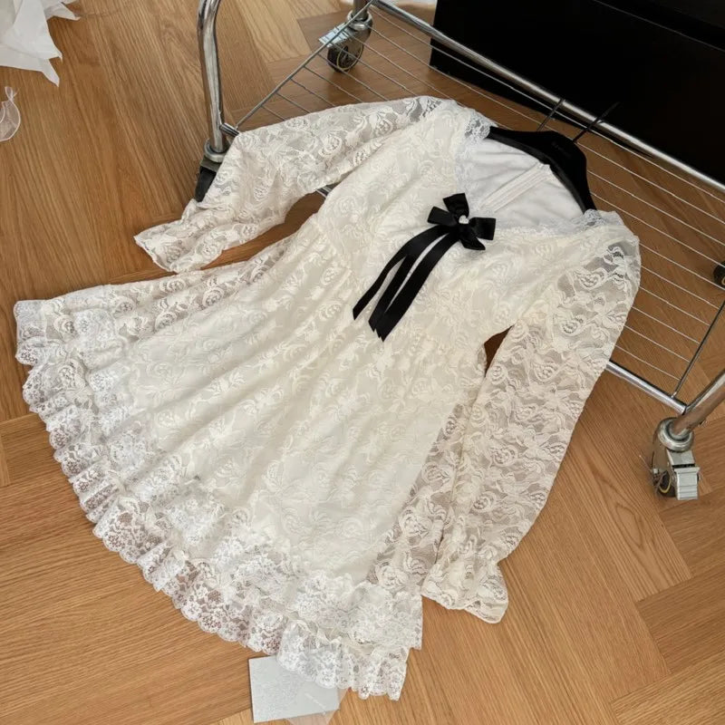 Lace Mini Dresses V-neck Long Sleeve Ruffles A-line Autumn New Sweet Korean Party Dress Female Vestidos
