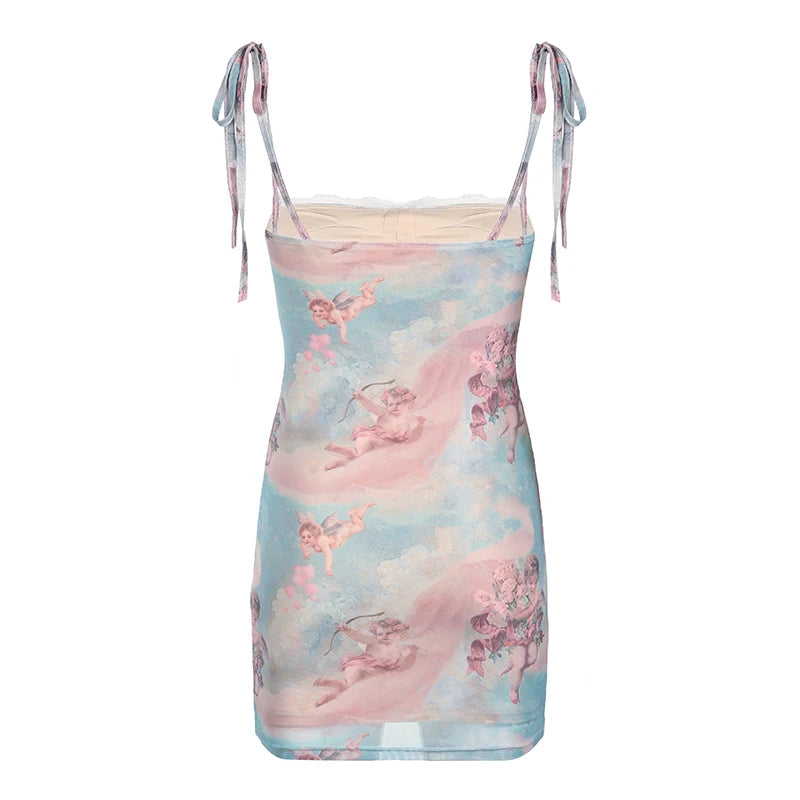High Street Printed Sleeveless Mini Dress Y2k Contrast Lace Patchwork Bodycon Dresses Holiday Party Robe