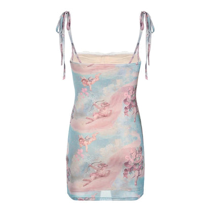 High Street Printed Sleeveless Mini Dress Y2k Contrast Lace Patchwork Bodycon Dresses Holiday Party Robe