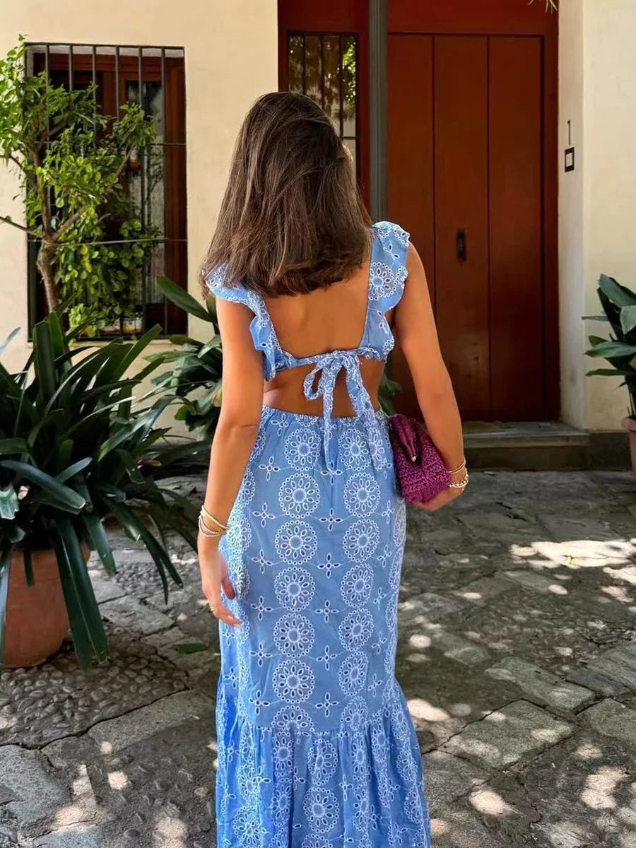 Blue Hollow Out Embroidered Midi Dress Summer New V Neck Sleeveless Ruffle Long Dresses Holiday Vestidos
