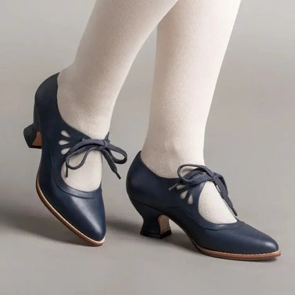 Retro Mary Jane Pumps Woman Lace Up Low Heel Dress Zapatos Brand Design Butterfly Wing Derby Shoes 43