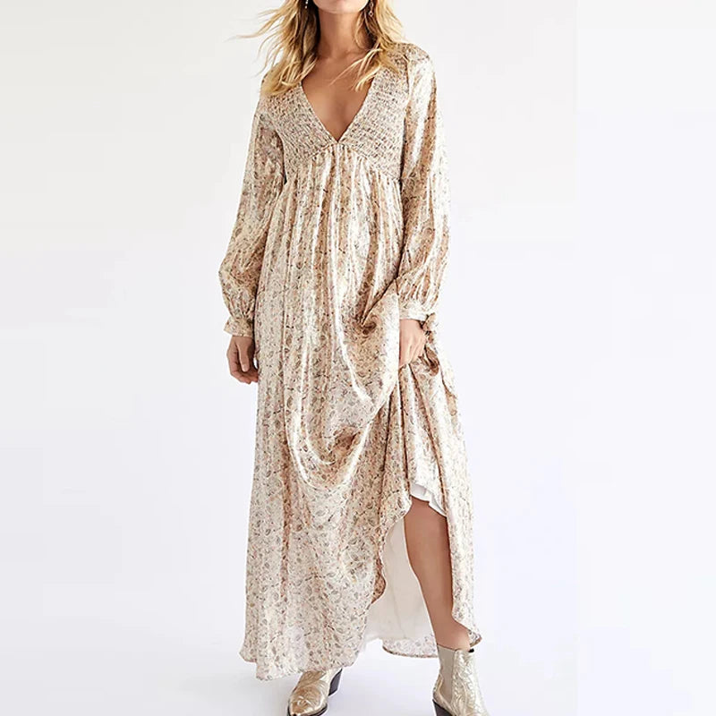 Laceup Backless Long Dress Spring Vneck High Waist Loose Maxi Dress Autumn Long Sleeve Print Party Dress Mujer