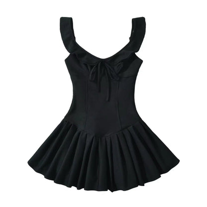 Summer Clothes Mini Dress Ruffle Dress Vacation Dresses Pleated Slim Waist Bow Tie
