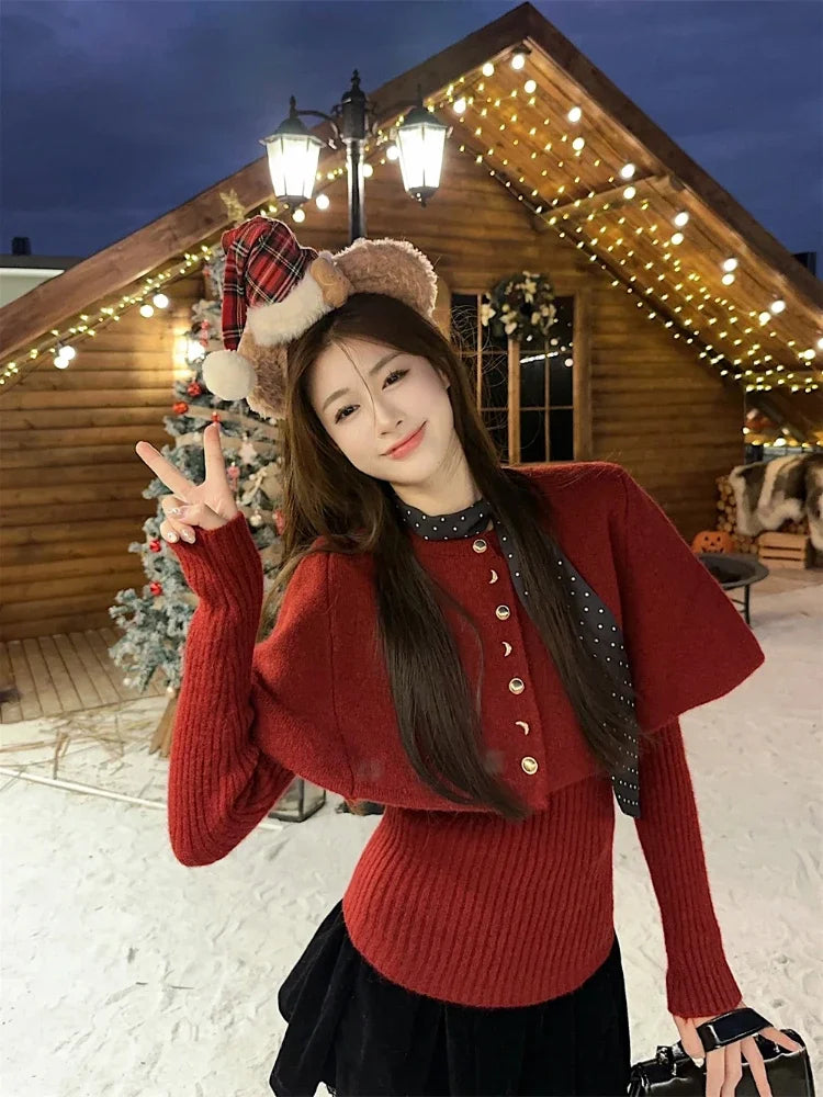 Red Poncho Sweater Ribbed Knitwear Twopiece Set Pullover Korean Cutecore Long Sleeve Christmas Clothes