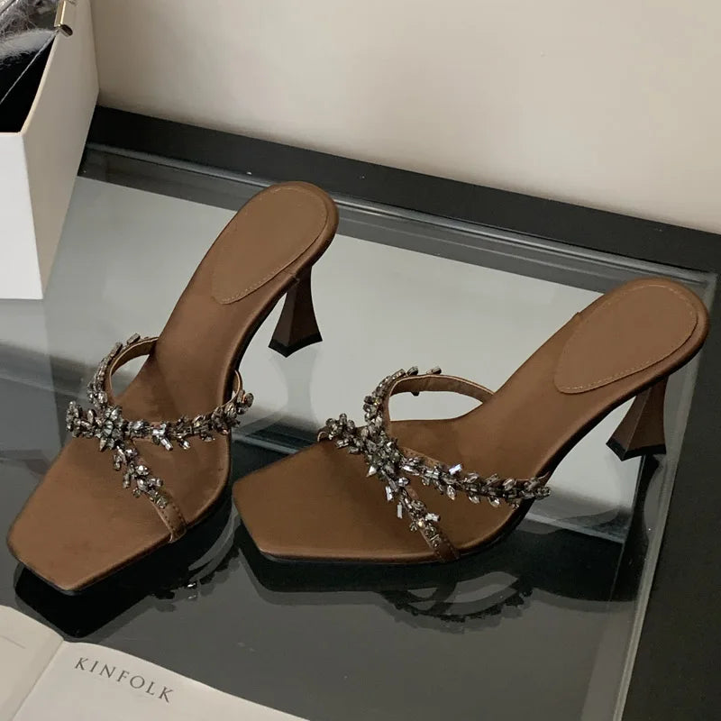 Street Style Crystal Narrow Band Slippers Woman Open Toe Thin High Heels Sandals Stripper Party Slides Shoes