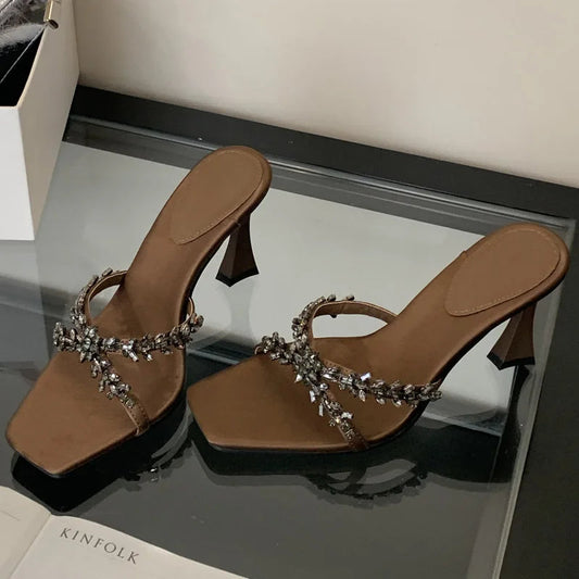 Street Style Crystal Narrow Band Slippers Woman Open Toe Thin High Heels Sandals Stripper Party Slides Shoes